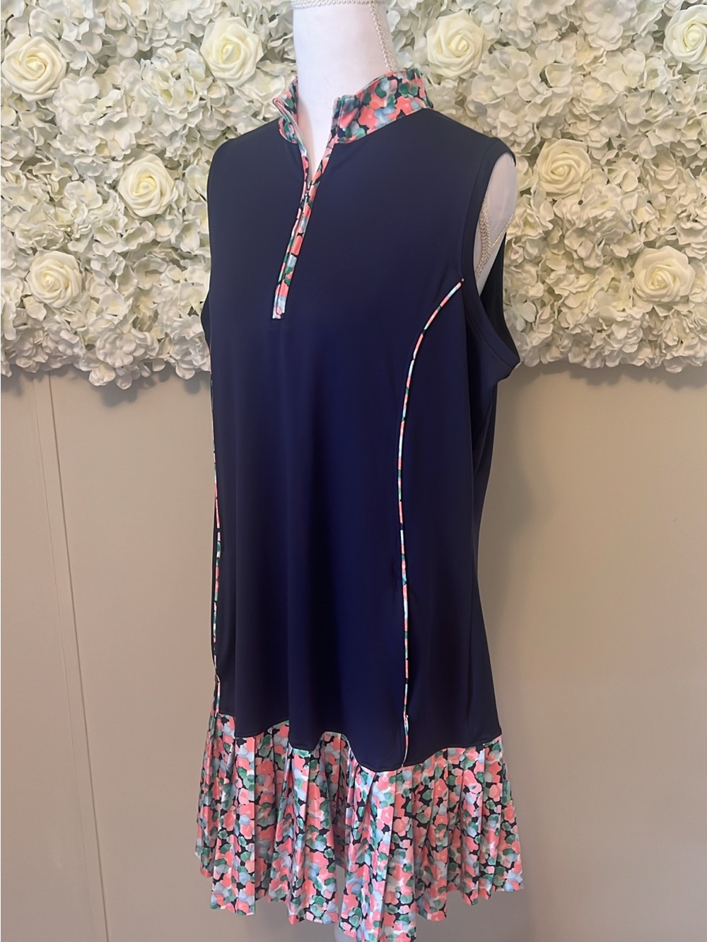 Pebble Beach Navy Sleeveless Dress with Coral & Teal Floral Trim - Picture 4 of 9